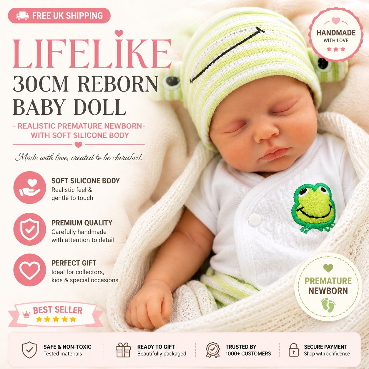Lifelike 30cm Reborn Baby Doll – Realistic Premature Newborn with Soft Silicone Body