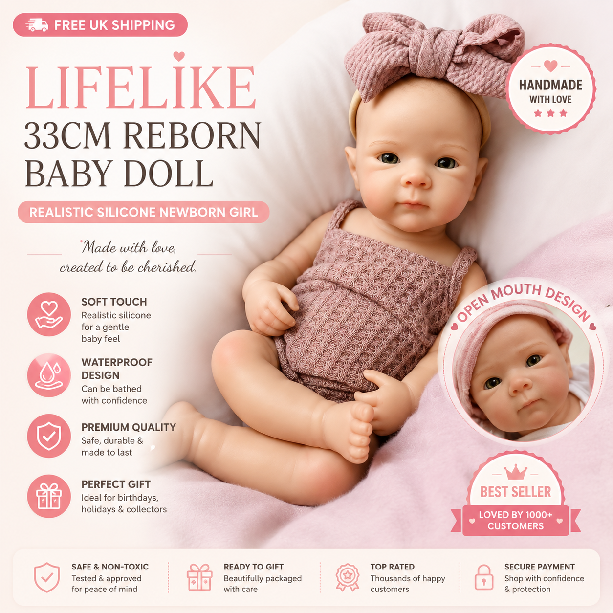 Lifelike 33cm Reborn Baby Doll – Realistic Silicone Newborn Girl with Soft Touch & Waterproof Design