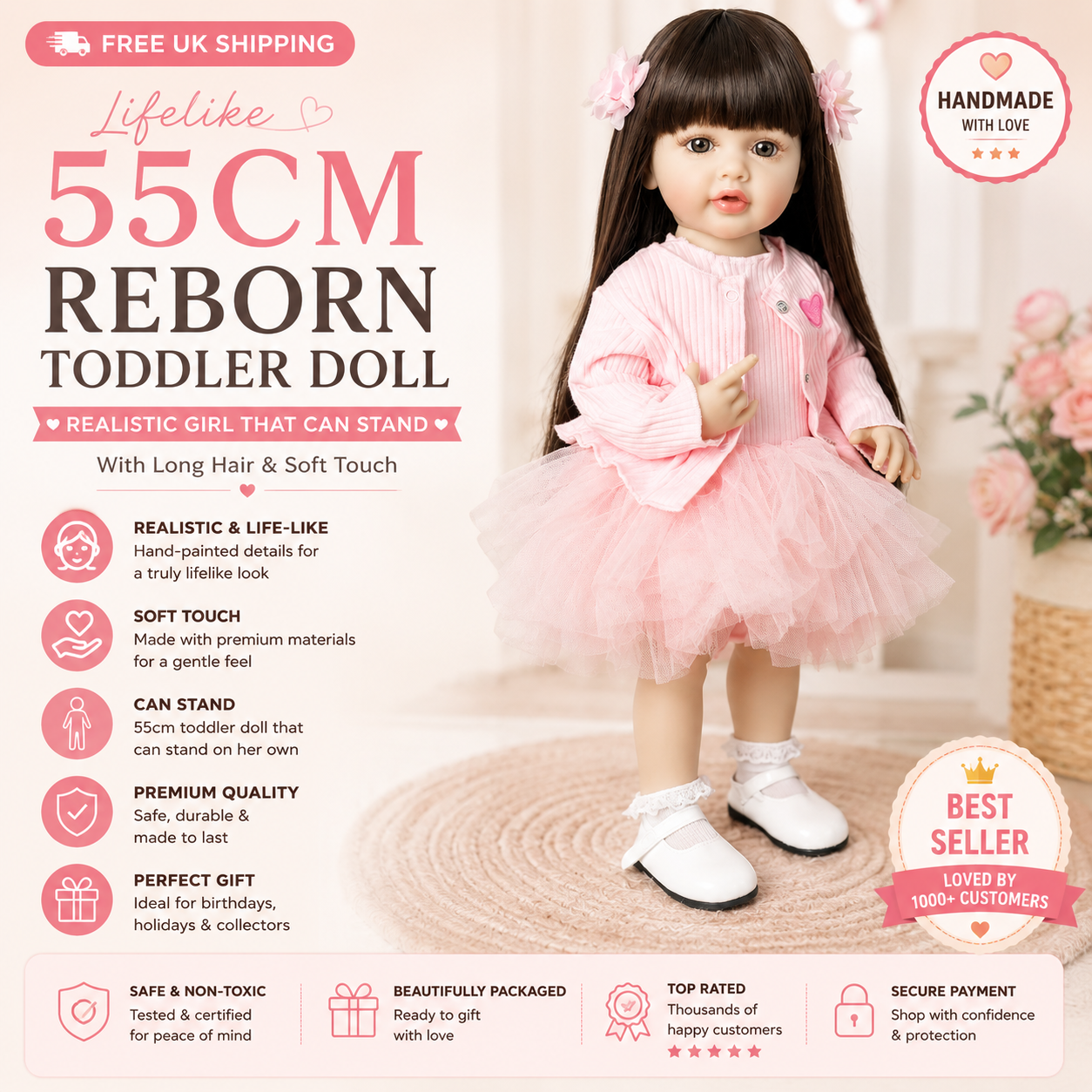 Lifelike 55cm Reborn Toddler Doll – Realistic Girl That Can Stand with Long Hair & Soft Touch