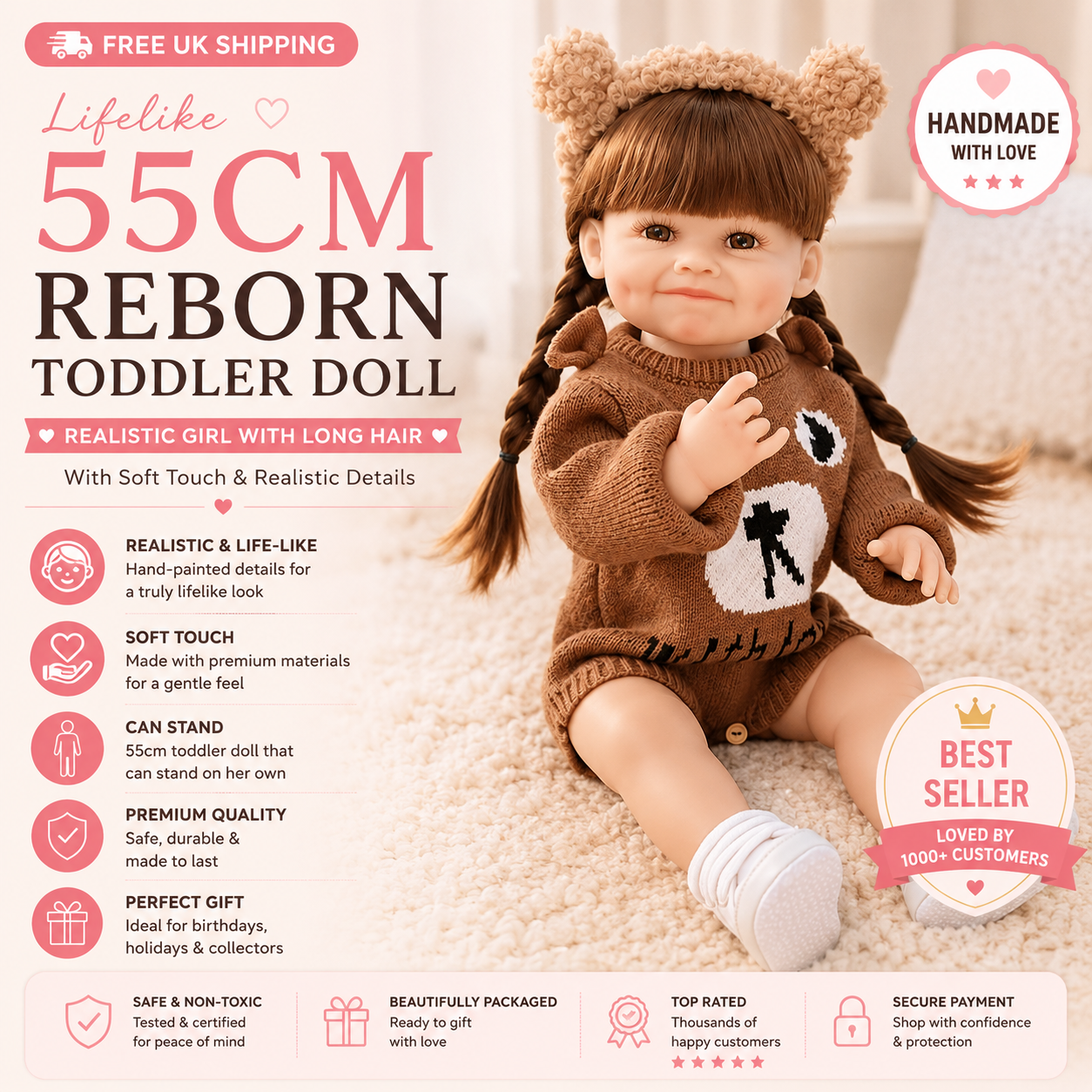 Lifelike 55cm Reborn Toddler Doll – Realistic Girl with Long Hair & Soft Touch