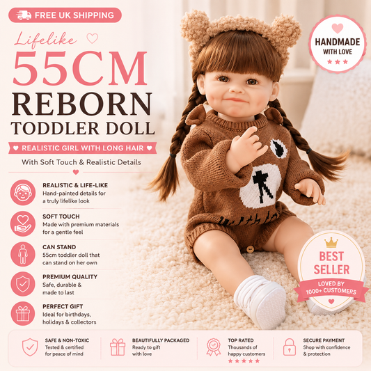 Lifelike 55cm Reborn Toddler Doll – Realistic Girl with Long Hair & Soft Touch