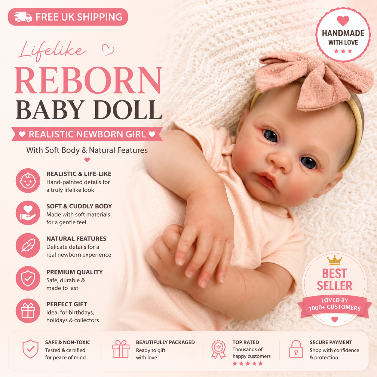 Lifelike Reborn Baby Doll – Realistic Newborn Girl with Soft Body & Natural Features