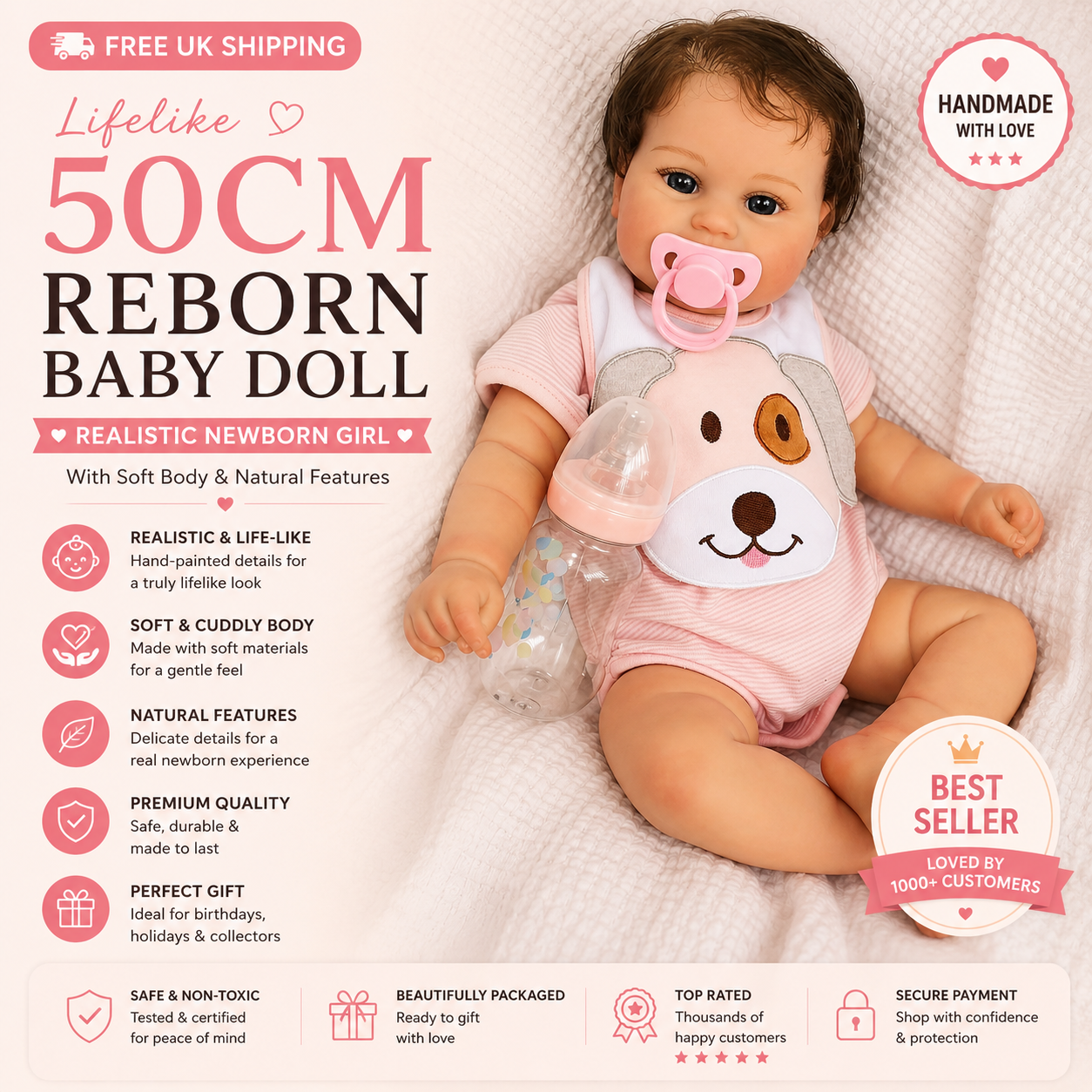 Lifelike 50cm Reborn Baby Doll – Realistic Newborn Girl with Soft Body & Natural Features