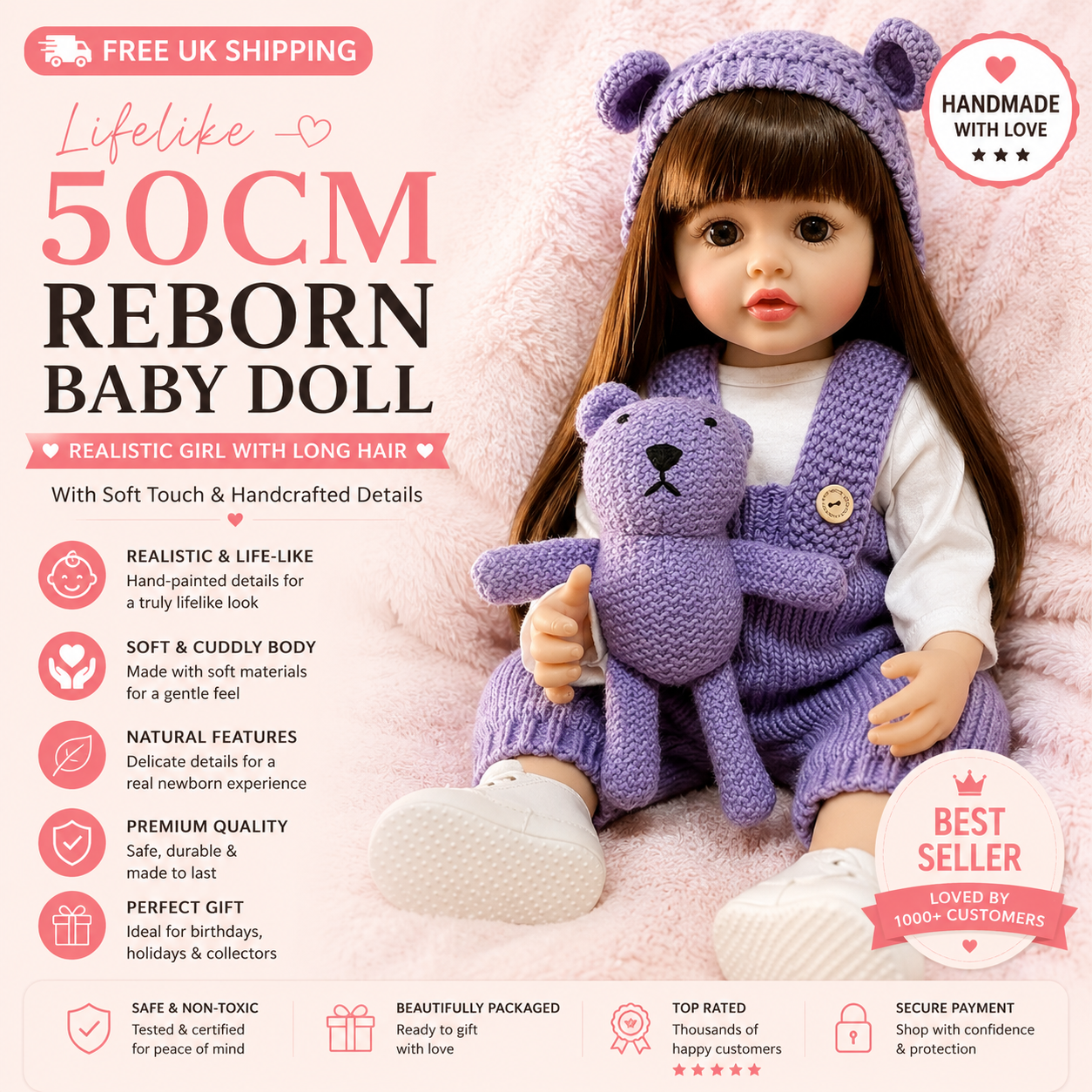 Lifelike 50cm Reborn Baby Doll – Realistic Soft Touch Girl with Long Hair & Handcrafted Details