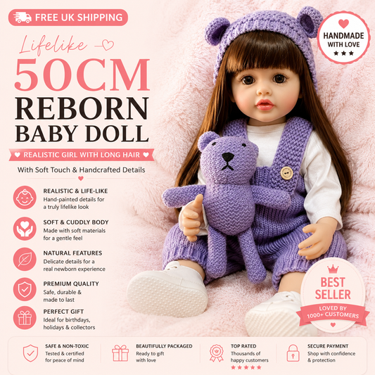 Lifelike 50cm Reborn Baby Doll – Realistic Soft Touch Girl with Long Hair & Handcrafted Details