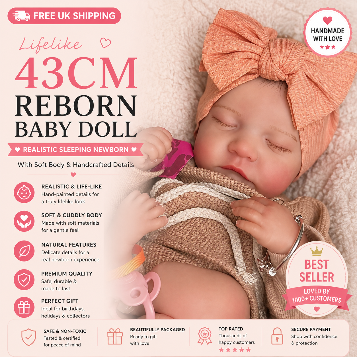 Lifelike 43cm Reborn Baby Doll – Realistic Sleeping Newborn with Soft Body & Handcrafted Details