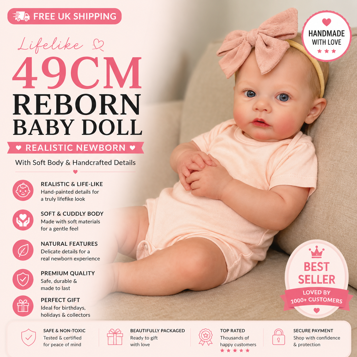 Lifelike 49cm Reborn Baby Doll – Realistic Newborn with Soft Body & Handcrafted Details