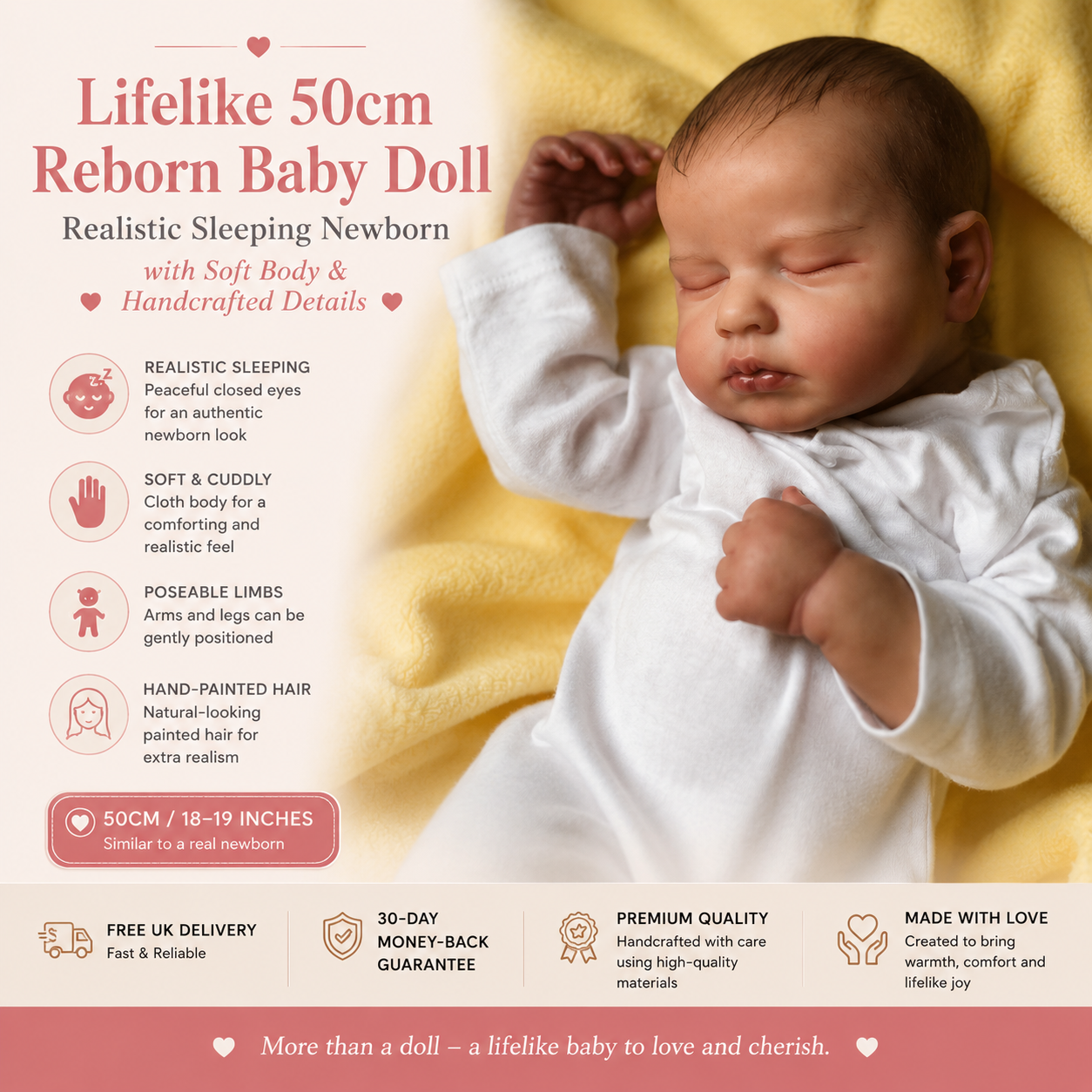 Lifelike 50cm Reborn Baby Doll – Realistic Sleeping Newborn with Soft Body & Handcrafted Details