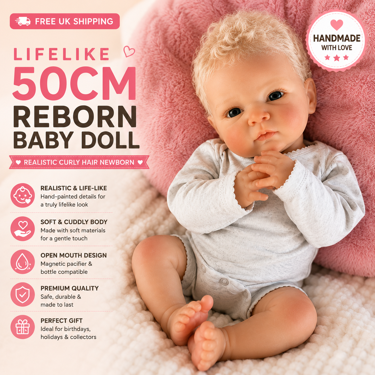 Lifelike 50cm Reborn Baby Doll – Realistic Curly Hair Newborn with Soft Body & Handcrafted Details