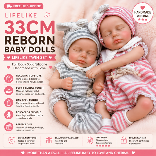 Lifelike 33cm Twin Reborn Baby Dolls – Realistic Soft Silicone Newborn Set with Open Mouth Design