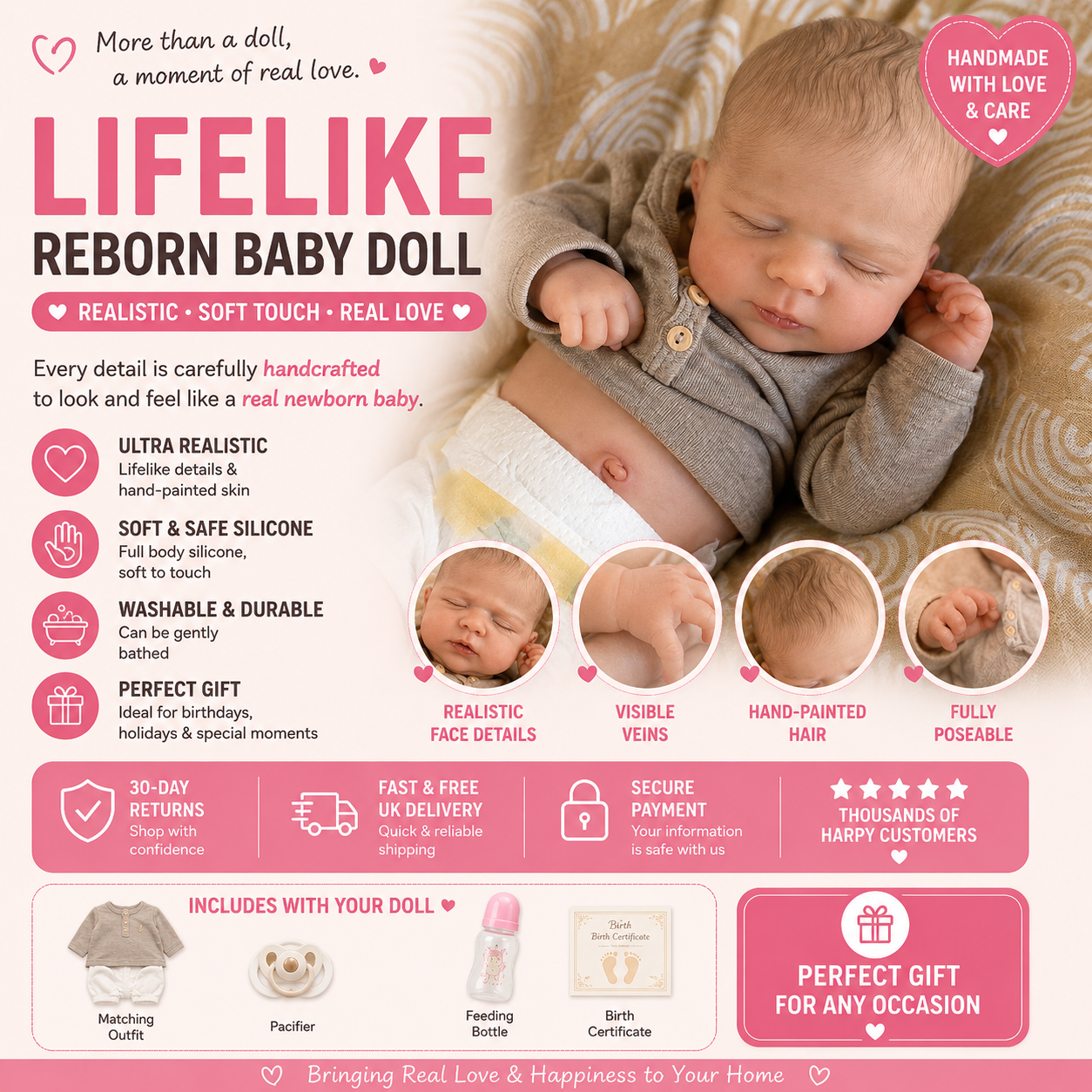 Lifelike 49cm Reborn Baby Doll – Realistic Sleeping Newborn with Soft Touch & Visible Vein Details